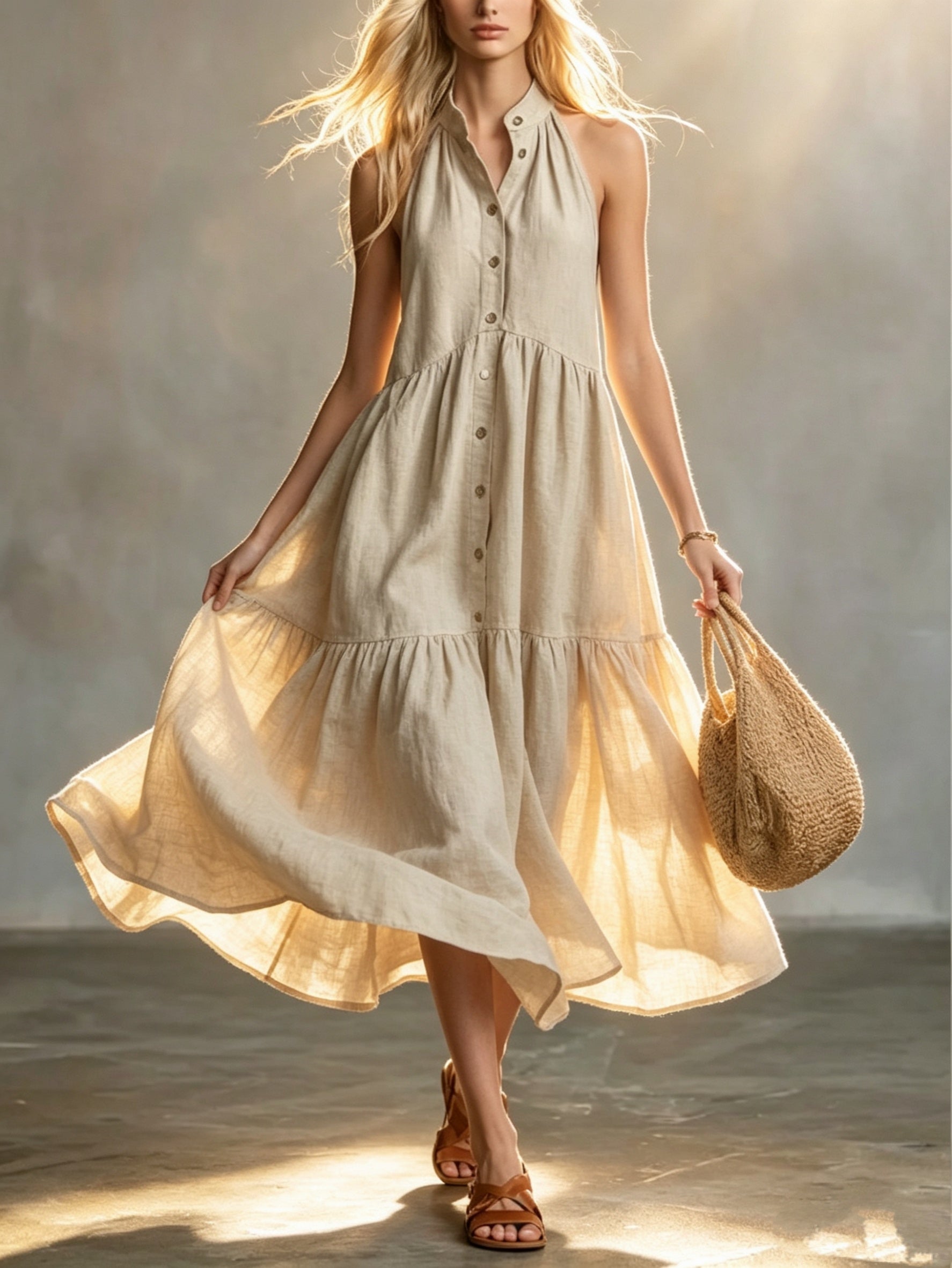 Vestido Maxi Beige Lino Sin Manga Halter Botones Falda Escalonada Boho Casual Playa Mujer