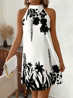 Vestido de Verano para Mujer con Cuello Halter - Estampado Floral en Blanco y , Mini A-Line, Manga Corta, Detalle Nudo, Lavable a Máquina, Elegante Vestido Casual, Sin Elástico