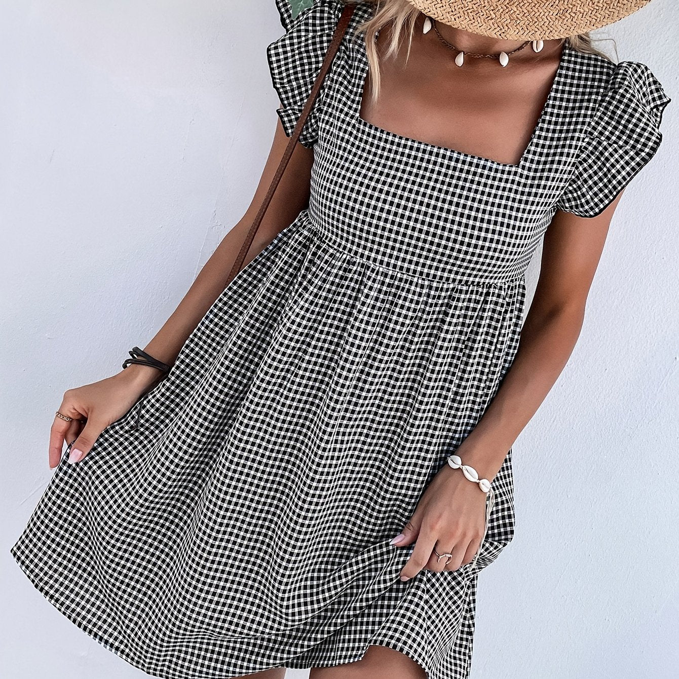 Vestido Corto Cuadros Vichy Escote Cuadrado Manga Volante Babydoll Casual Mujer