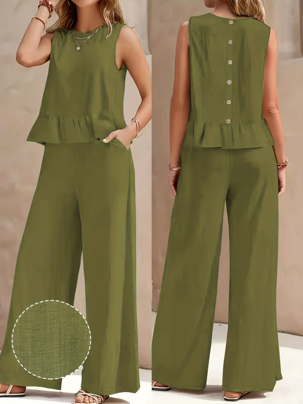Conjunto de Lino Mujer Verde Oliva con Pantalón Palazzo Sin Mangas Casual Elegante Verano