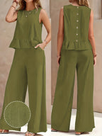 Conjunto de Lino Mujer Verde Oliva con Pantalón Palazzo Sin Mangas Casual Elegante Verano