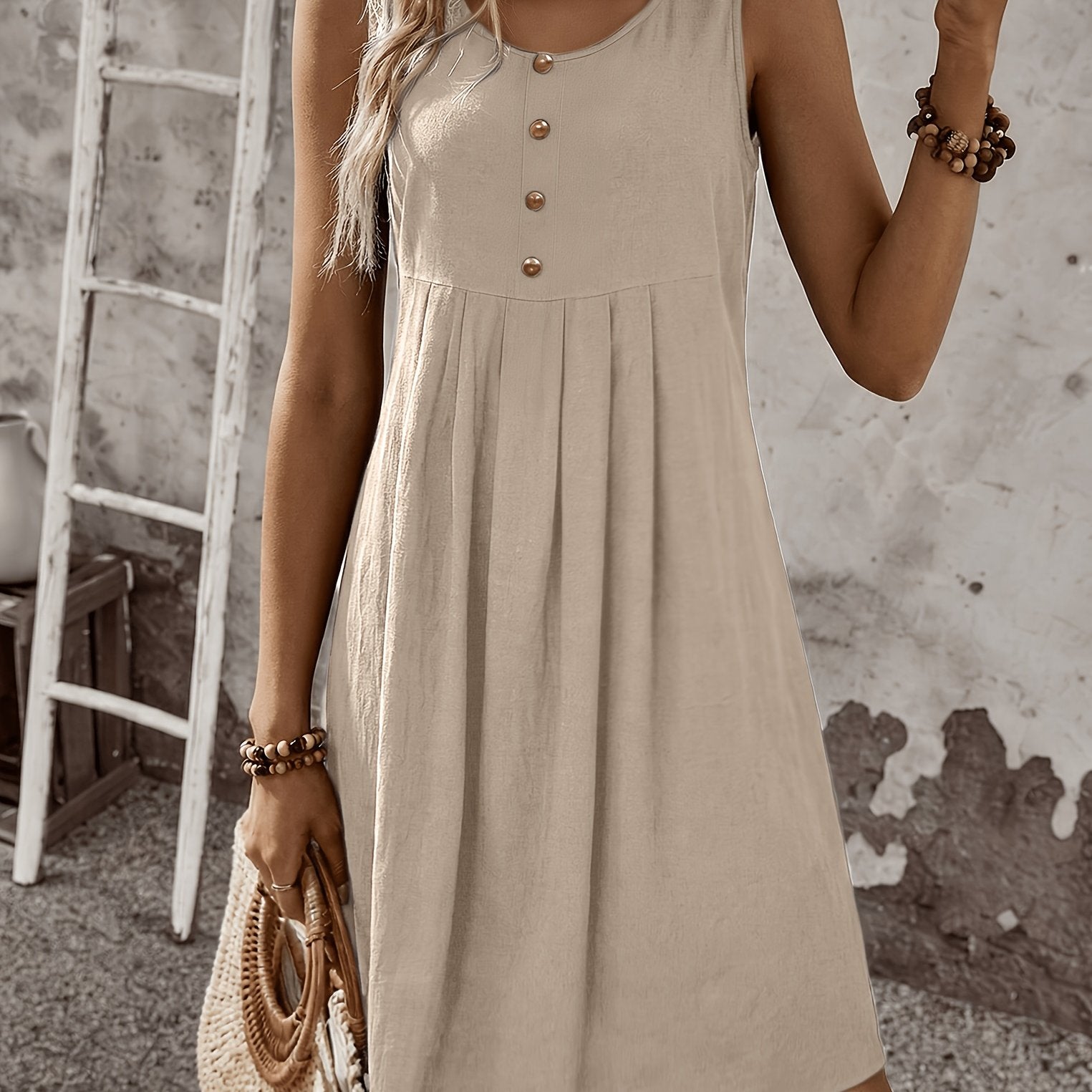 Vestido Corto Sin Mangas Rosa Casual de Verano con Botones Decorativos Corte Suelto A-Line