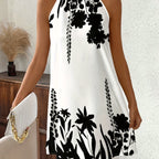 Vestido de Verano para Mujer con Cuello Halter - Estampado Floral en Blanco y , Mini A-Line, Manga Corta, Detalle Nudo, Lavable a Máquina, Elegante Vestido Casual, Sin Elástico