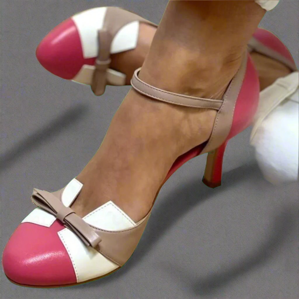 Zapatos de Tacón Rosa para Mujer con Correa al Tobillo Color Block Elegante con Lazo Decorativo