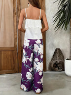 Conjunto Mujer Blusa Blanca con Volantes y Pantalón Palazzo Floral Negro Casual Elegante Verano