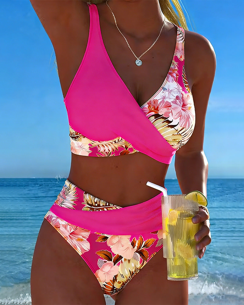 Bikini Floral de Dos Piezas con Diseño Cruzado para Mujer