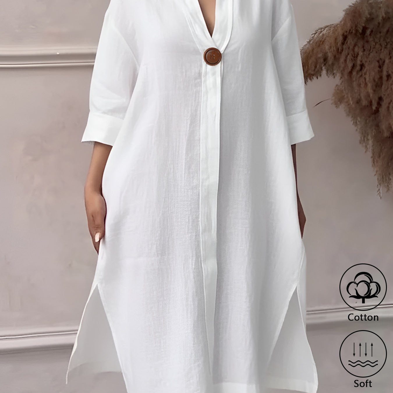 MANAIXUAN Vestido elegante para mujer 100% con cuello en V y botones al frente - Vestido midi de corte recto con mangas de tres cuartos, ajuste holgado y cuello con botones, adecuado para desplazamientos casuales, oficina y uso diario, vestido de color li