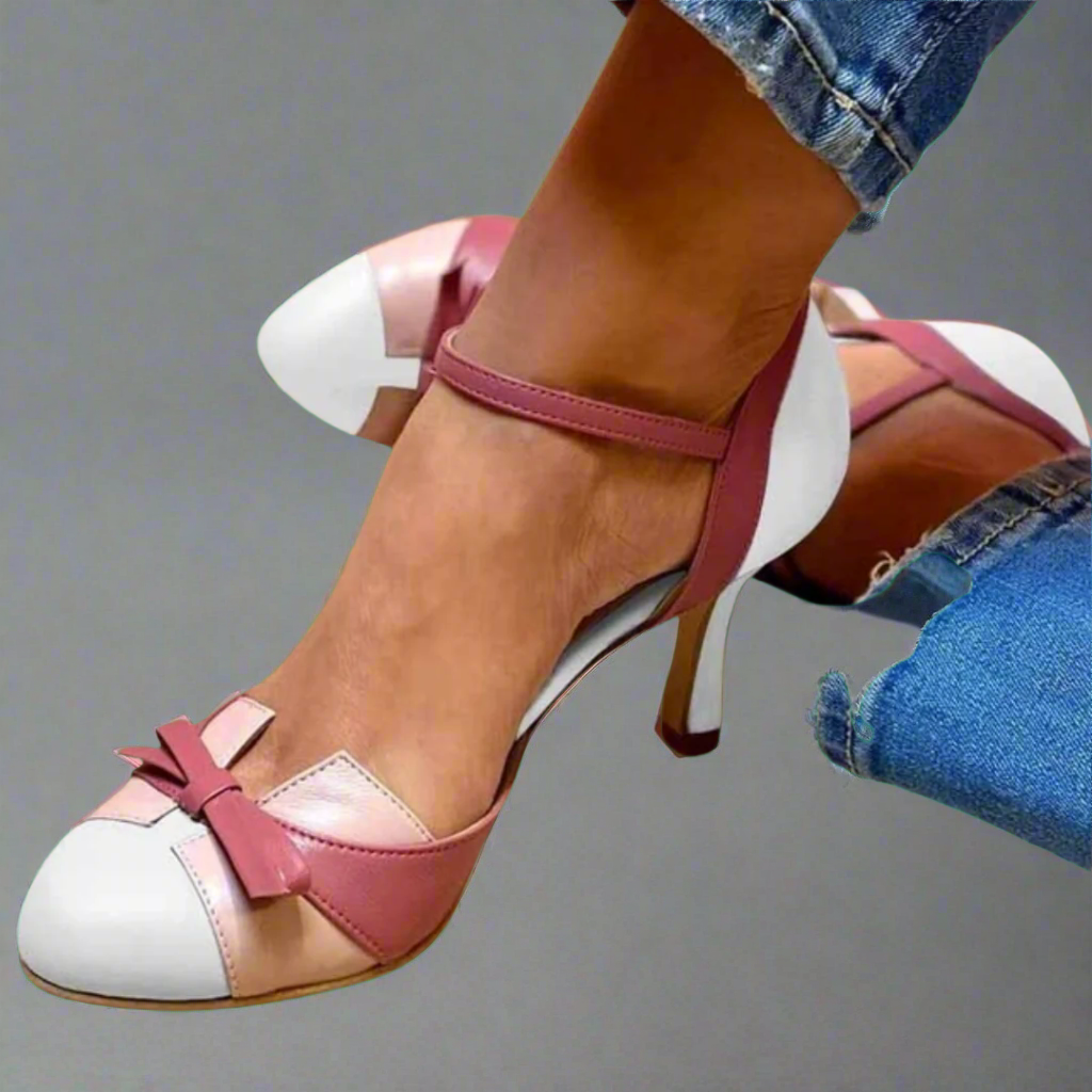 Zapatos de Tacón Rosa para Mujer con Correa al Tobillo Color Block Elegante con Lazo Decorativo