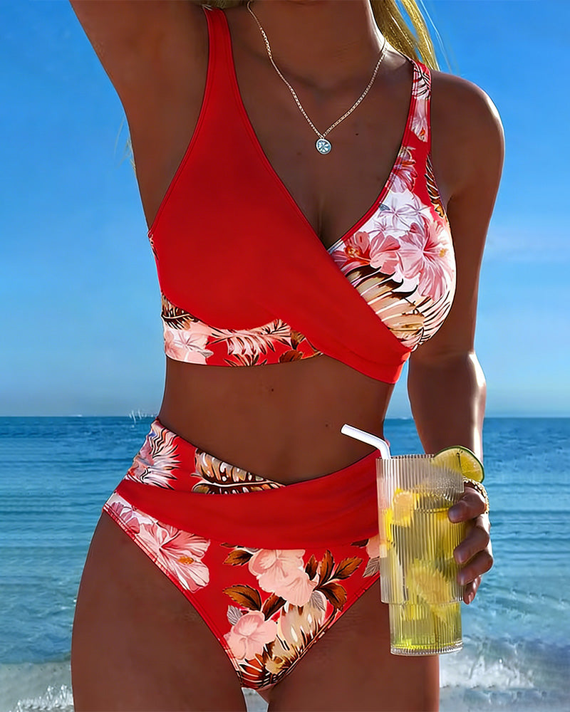 Bikini Floral de Dos Piezas con Diseño Cruzado para Mujer