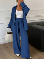 Conjunto Mujer Camisa Oversize y Pantalón Palazzo Casual Elegante de Lino para Oficina, Viaje y Verano