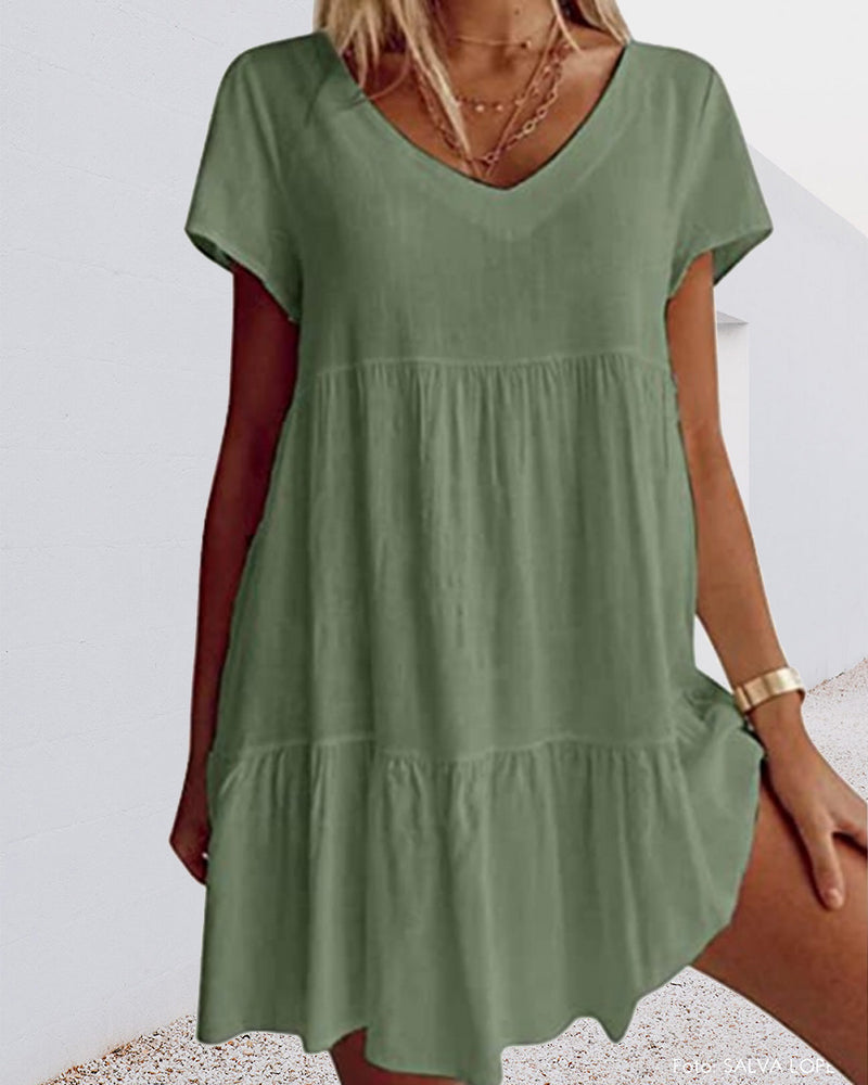 Vestido Corto lino Escote V Manga Corta Falda Escalonada Baby Doll Casual Playa Verano Mujer