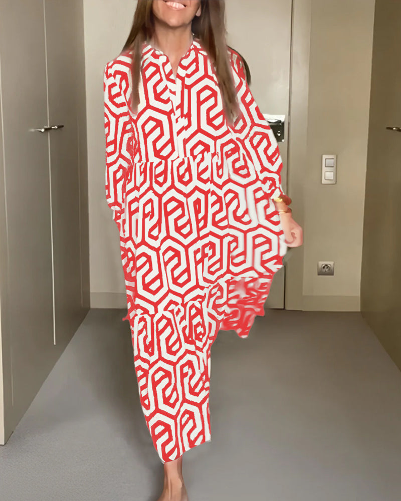Vestido Maxi Camisero Estampado Geométrico Manga Larga Volante Boho Casual Playa Mujer