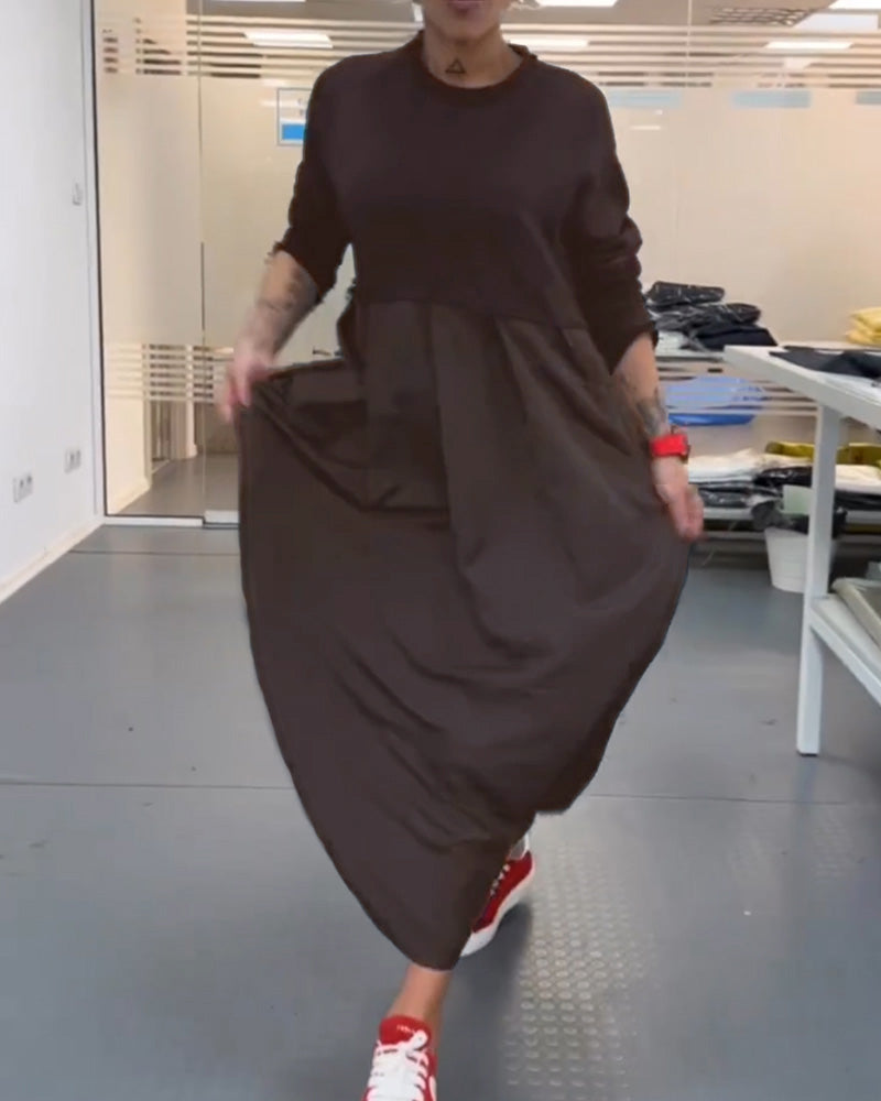 Vestido Maxi Bimaterial Top Punto Manga Larga Falda Satinada Vuelo Elegante Evento Mujer