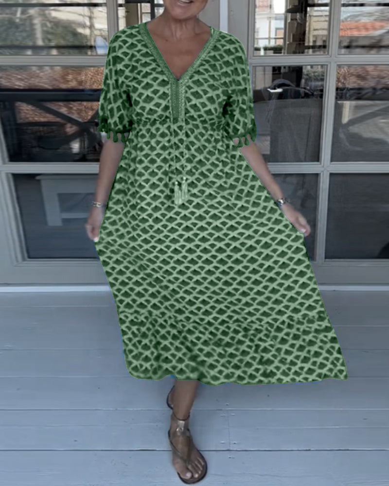 Vestido Midi Estampado Geométrico Boho Flecos Manga 3/4 Bordado Escote V Casual Playa Mujer