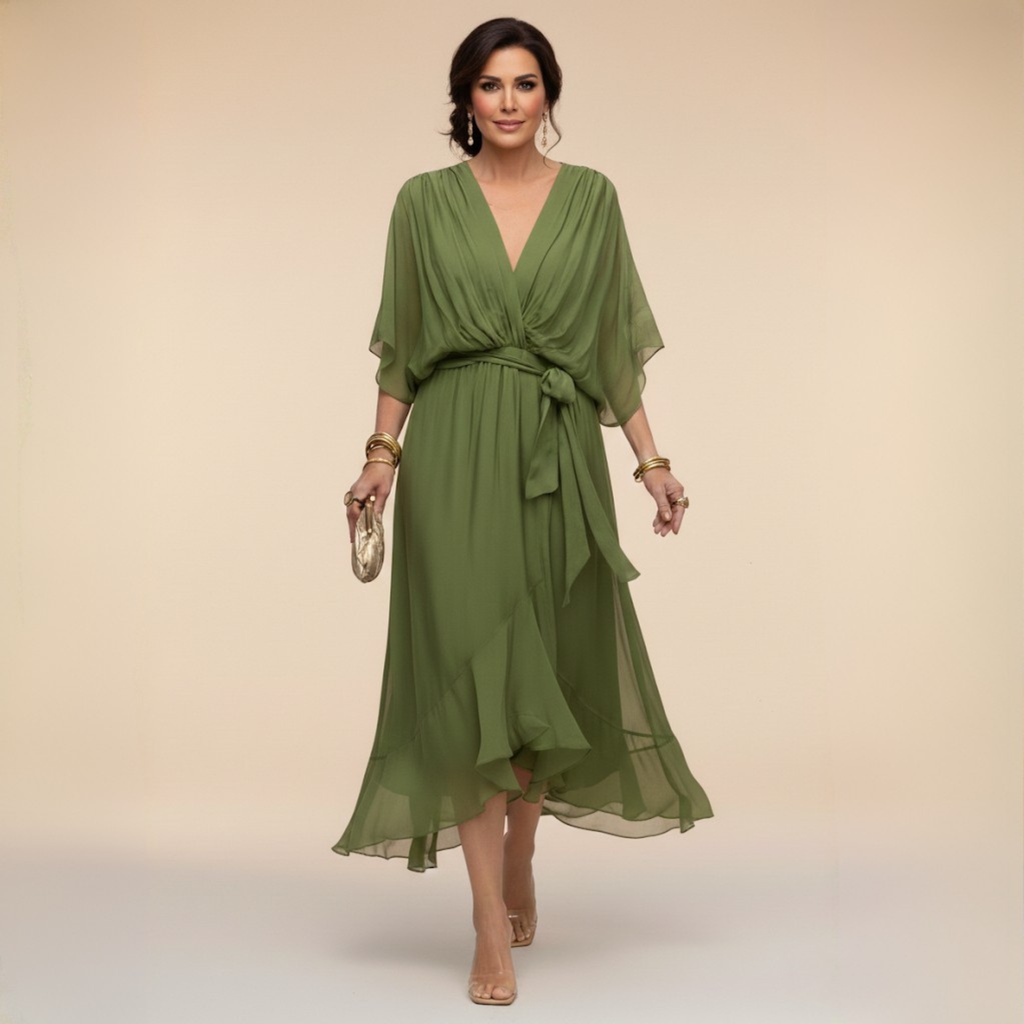 Vestido Midi Femenino Elegante con Escote en V y Cinturón para Fiesta