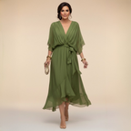 Vestido Midi Femenino Elegante con Escote en V y Cinturón para Fiesta