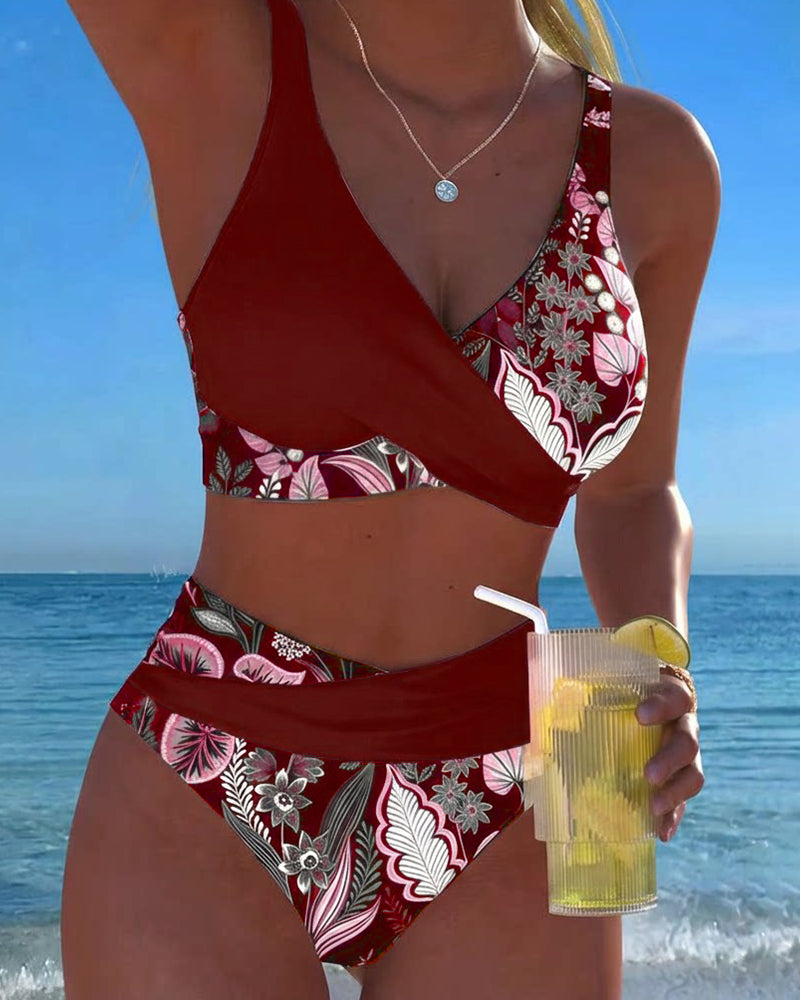 Bikini Mujer Estampado Floral Tropical con Escote Cruzado y Cintura Media para Playa Verano