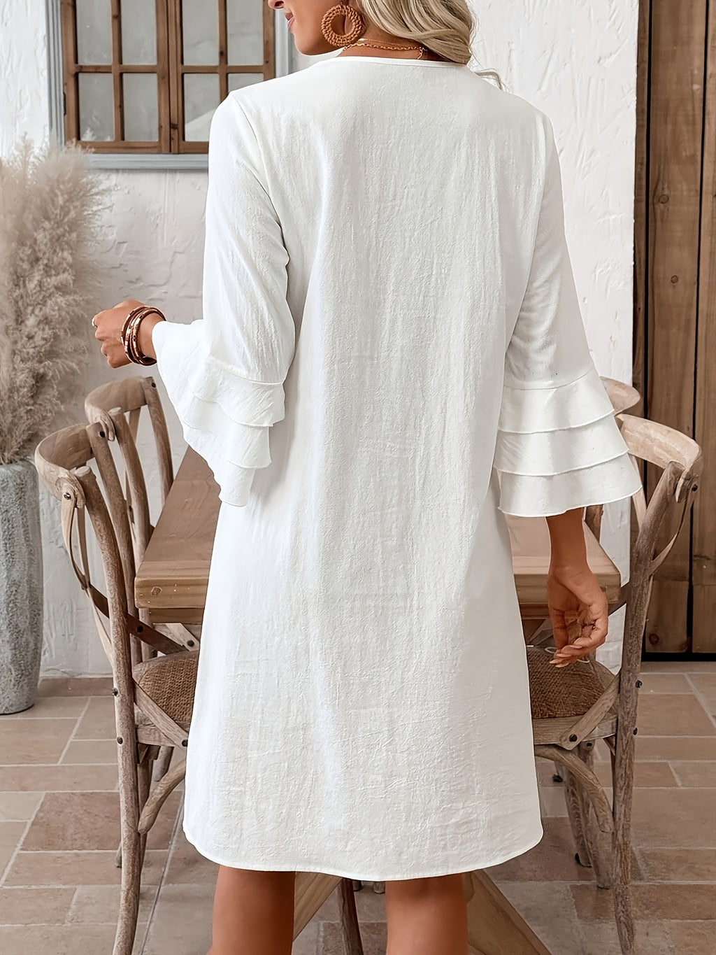 Vestido corto casual de mujer de color liso con mangas acampanadas, vestido de verano, vestido de playa, atuendo de vacaciones, vestido blanco de mujer, vestido, vestido blanco de estilo bohemio, vestido casual blanco, vestido 100 % puro de mujer, vestido