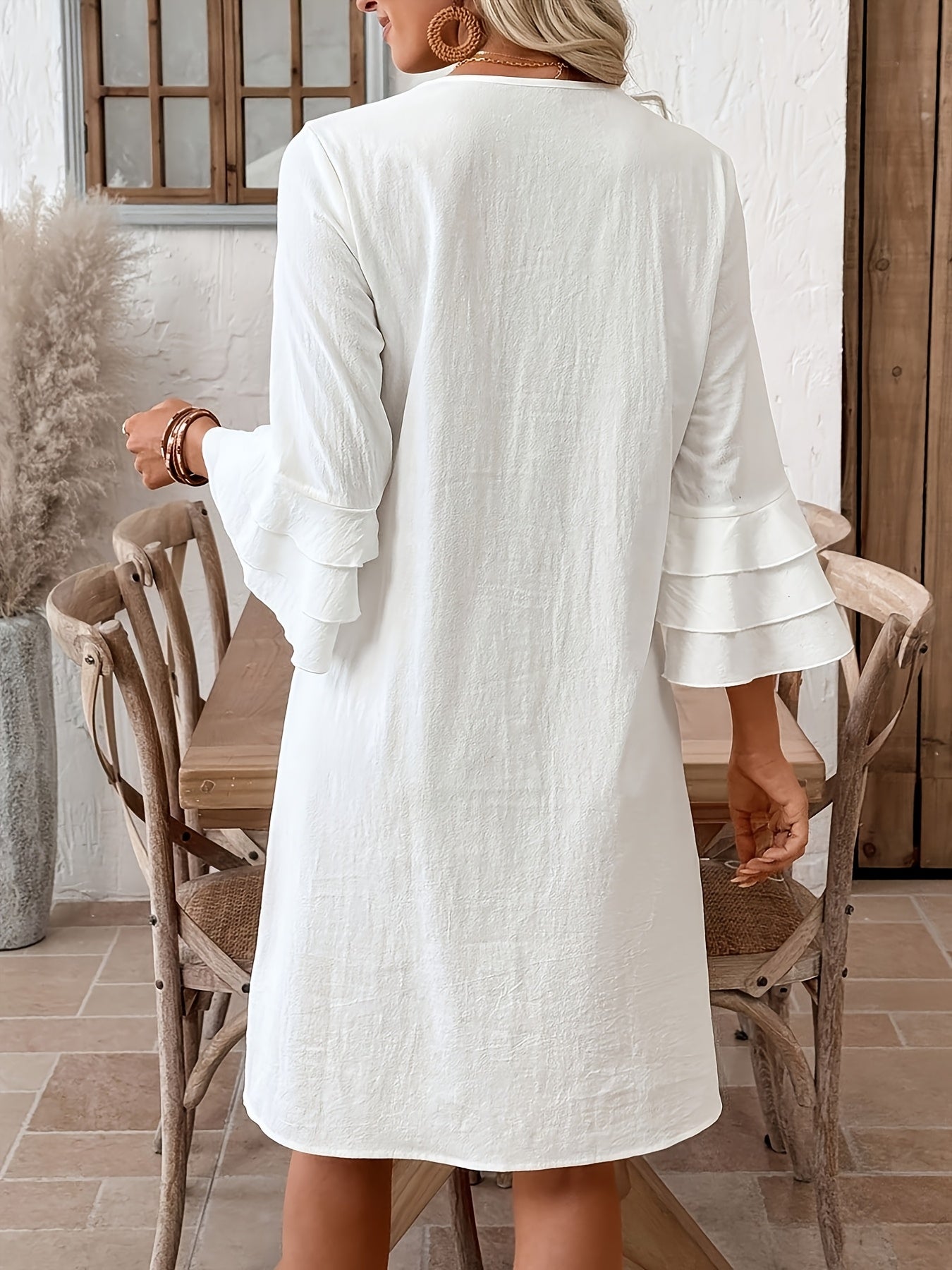 Vestido corto casual de mujer de color liso con mangas acampanadas, vestido de verano, vestido de playa, atuendo de vacaciones, vestido blanco de mujer, vestido, vestido blanco de estilo bohemio, vestido casual blanco, vestido 100 % puro de mujer, vestido