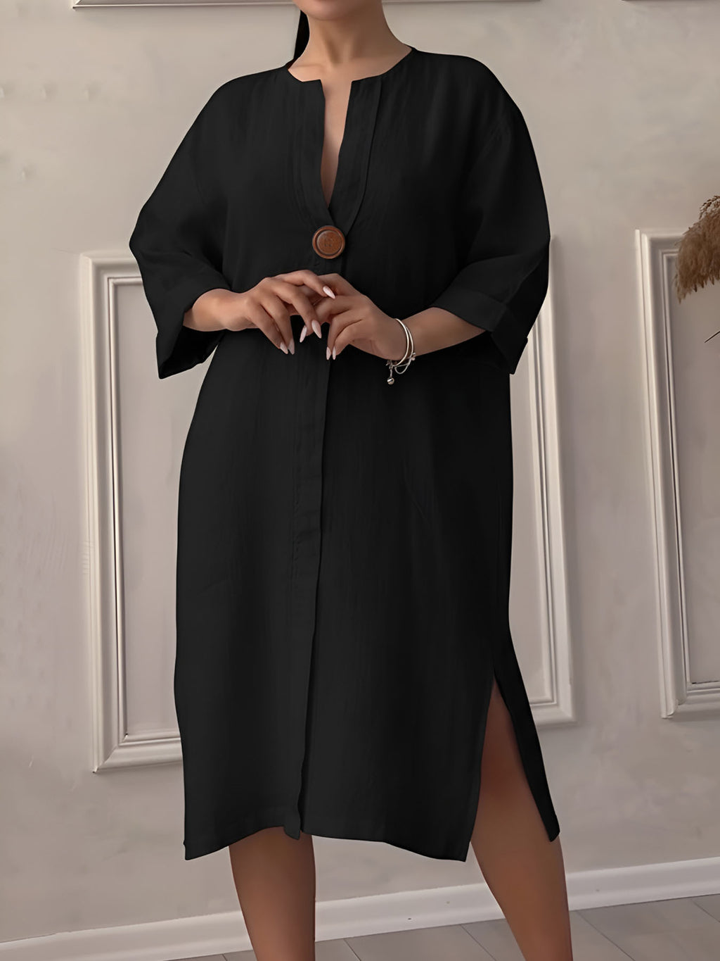 Vestido Midi Negro Algodón Manga 3/4 Escote en V Casual Holgado con Abertura Lateral para Mujer