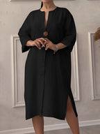 Vestido Midi Negro Algodón Manga 3/4 Escote en V Casual Holgado con Abertura Lateral para Mujer