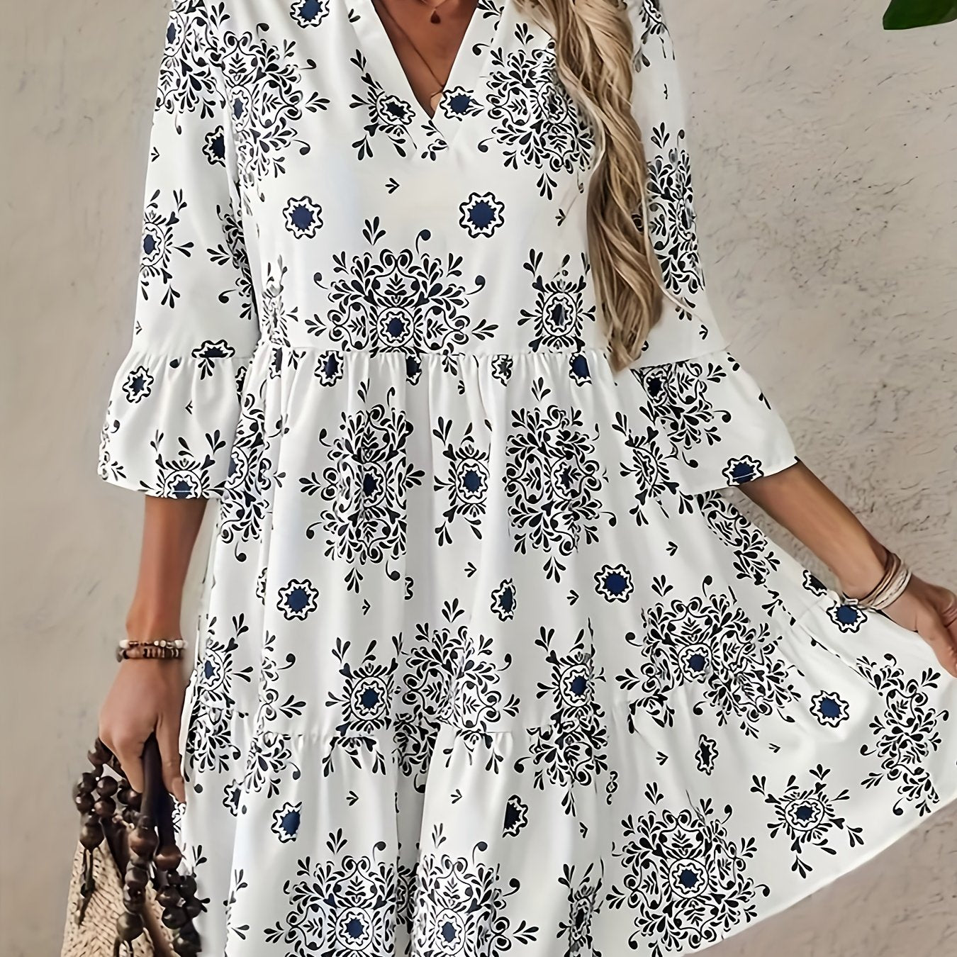 Vestido Corto Estampado Floral Blanco Estilo Boho Casual para Verano con Manga 3/4 y Corte Suelto