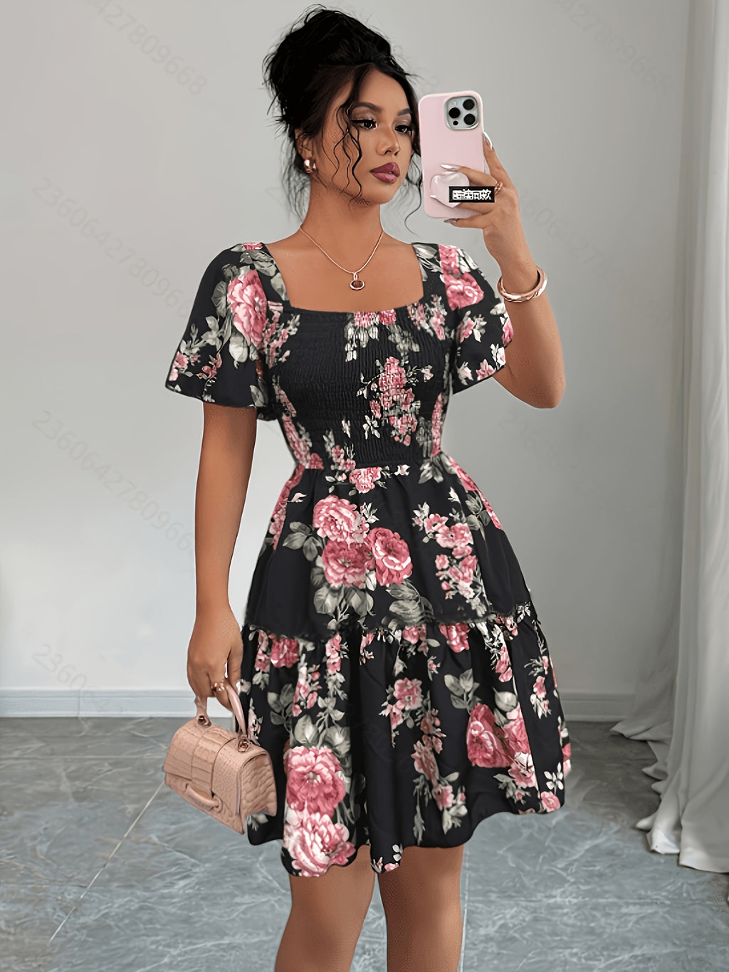 Vestido Corto de Vacaciones de Verano con Estampado Floral y Cintura Ajustada