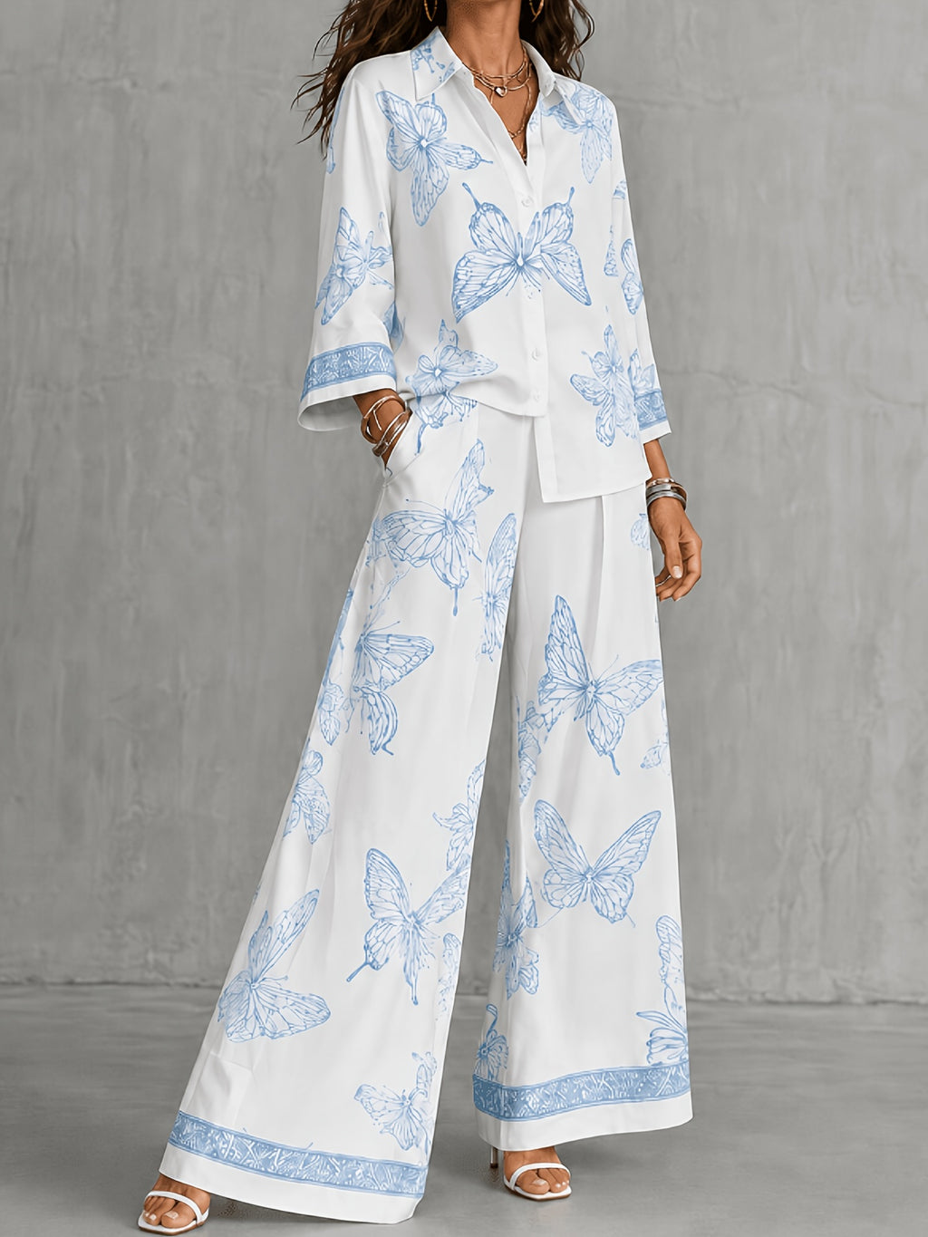 Conjunto Mujer Camisa Estampada y Pantalón Palazzo con Mariposas Casual Elegante para Vacaciones y Verano