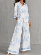 Conjunto Mujer Camisa Estampada y Pantalón Palazzo con Mariposas Casual Elegante para Vacaciones y Verano