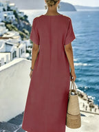 Vestido Midi Negro 100% Algodón Manga Corta Lazo Frontal con Bolsillos Casual Elegante Mujer