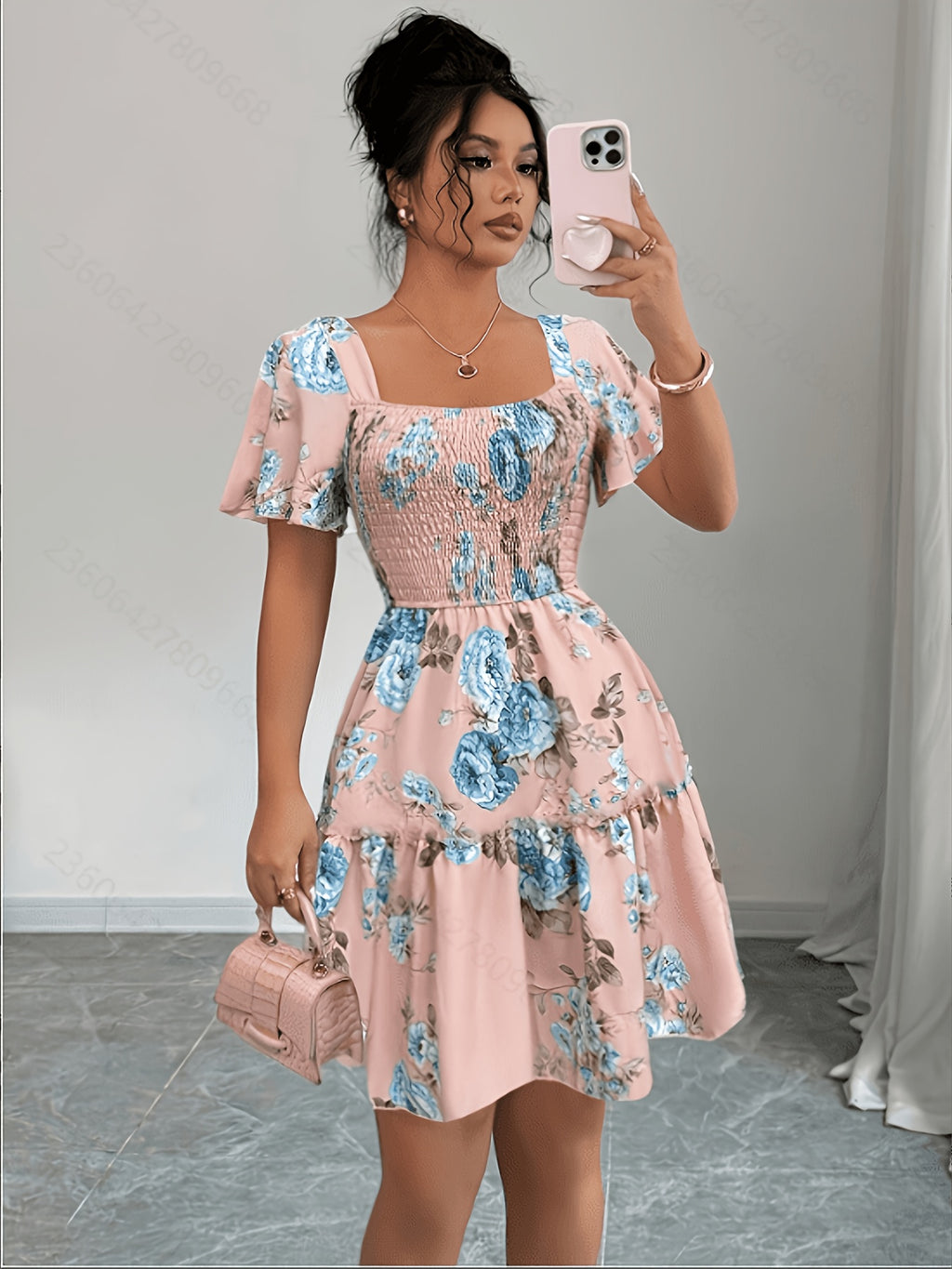 Vestido Corto de Vacaciones de Verano con Estampado Floral y Cintura Ajustada