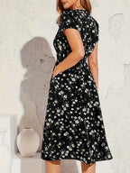 Vestido Elegante de Manga Corta con Estampado Floral y Cintura Ajustada en la Cadera, Modelo A-Line