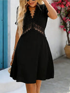 Mujer Vestido Corto Elegante De Manga Corta Con Escote en V y Detalles De Encaje De Ganchillo,Ideal Para el Verano.