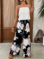 Conjunto Mujer Blusa Blanca con Volantes y Pantalón Palazzo Floral Negro Casual Elegante Verano