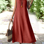 Vestido Largo Sin Mangas Terracota Casual Elegante de Lino Suelto para Verano Mujer