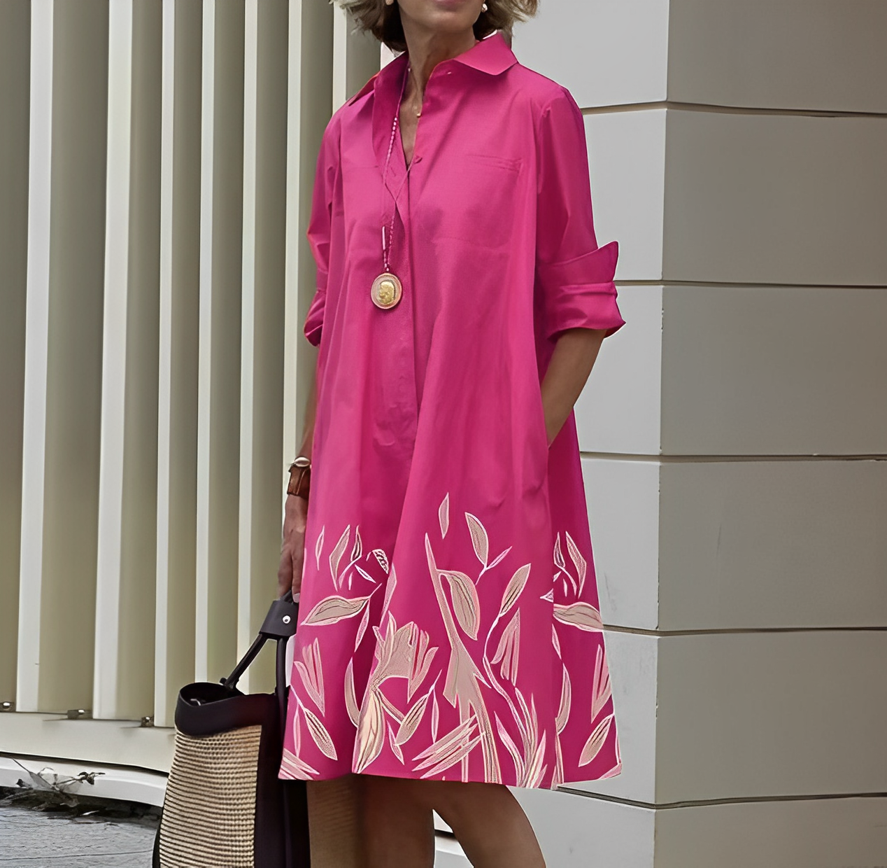 Vestido Camisero Midi de Corte Holgado con Bolsillos