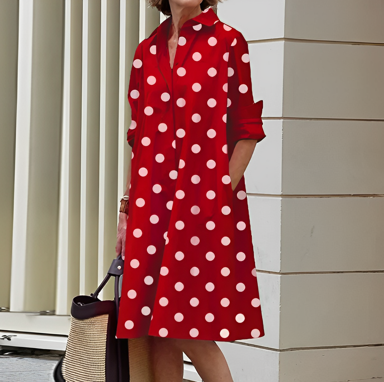 Vestido Camisero Midi de Corte Holgado con Bolsillos
