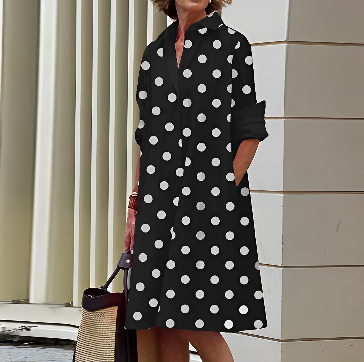 Vestido Camisero Midi de Corte Holgado con Bolsillos