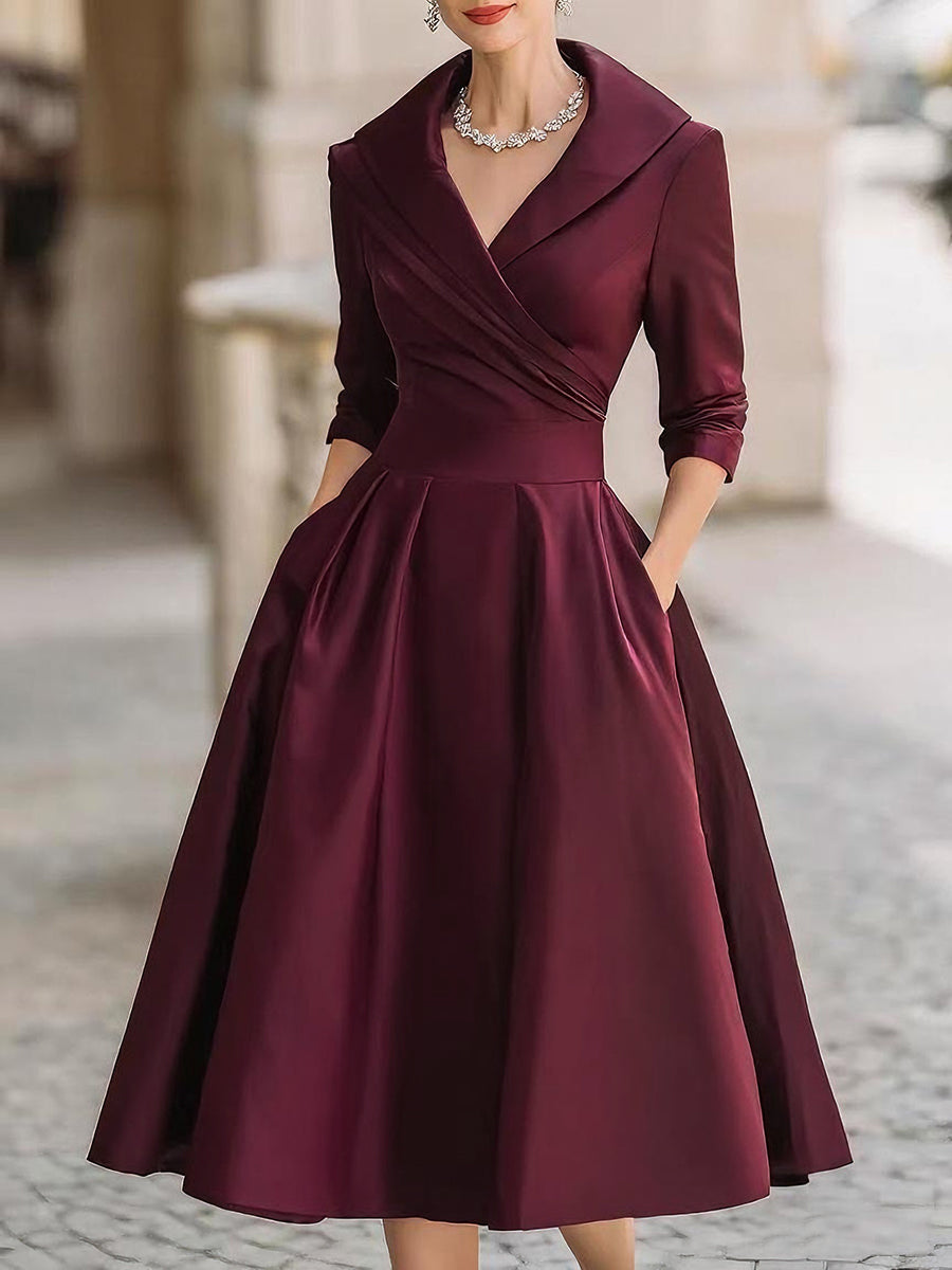 Vestido Midi Elegante Negro con Cuello Solapa Cruzado Manga 3/4 para Eventos y Ocasiones Formales