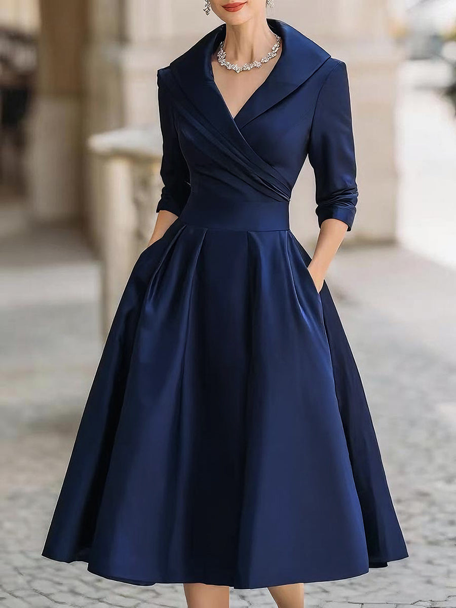 Vestido Midi Elegante Negro con Cuello Solapa Cruzado Manga 3/4 para Eventos y Ocasiones Formales