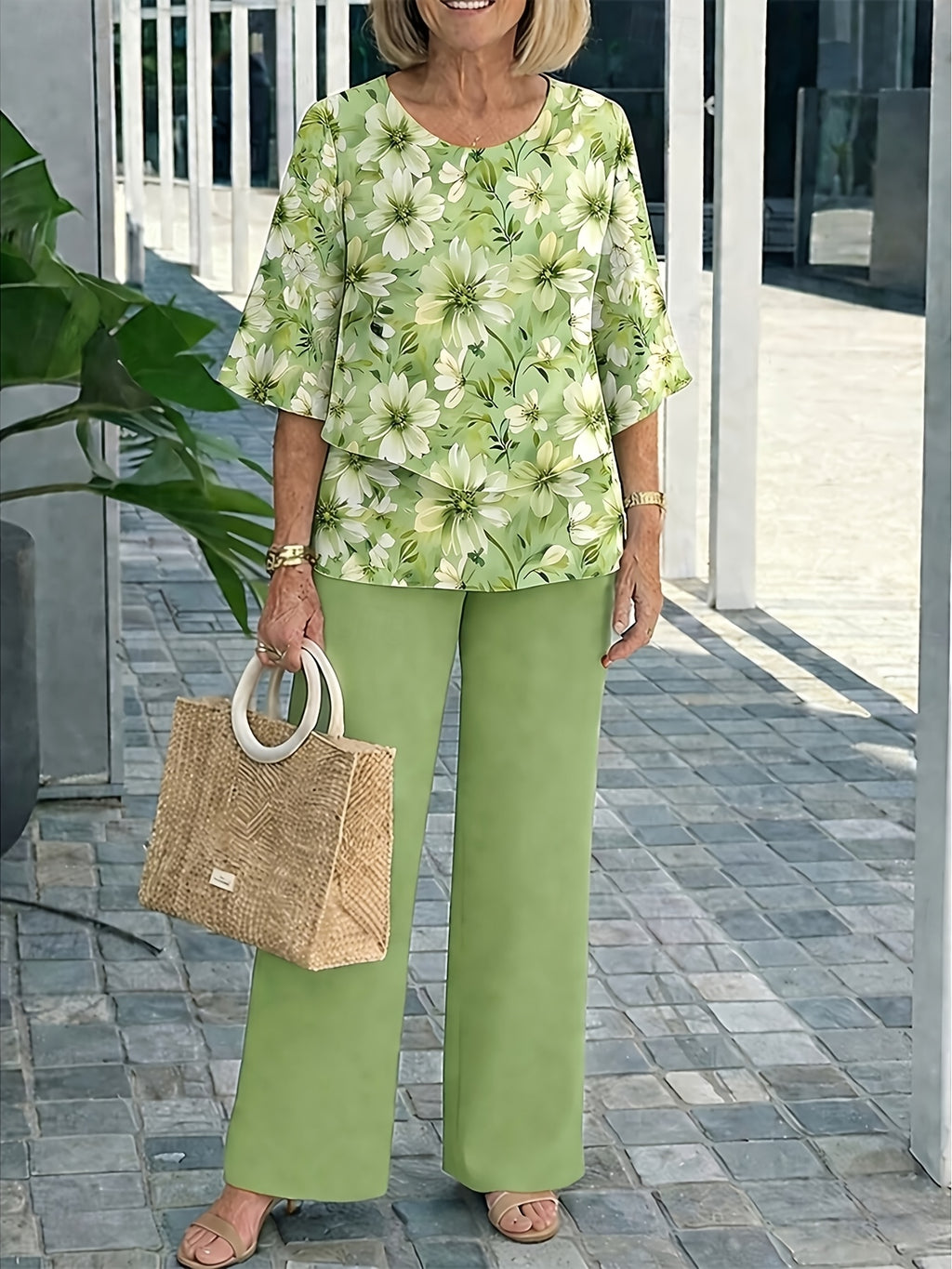 Conjunto 2 Piezas Verde Menta Blusa Floral Manga 3/4 y Pantalón Palazzo Casual Elegante Mujer