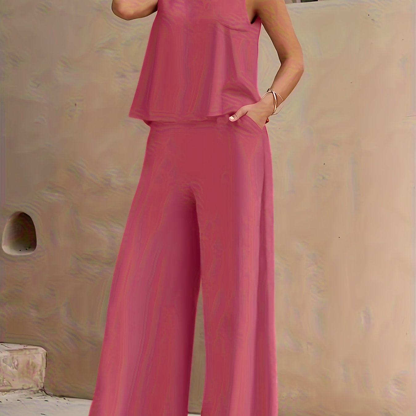 Conjunto Mujer Blusa Sin Mangas y Pantalón Palazzo Amplio Casual Cómodo para Verano, Viajes y Uso Diario