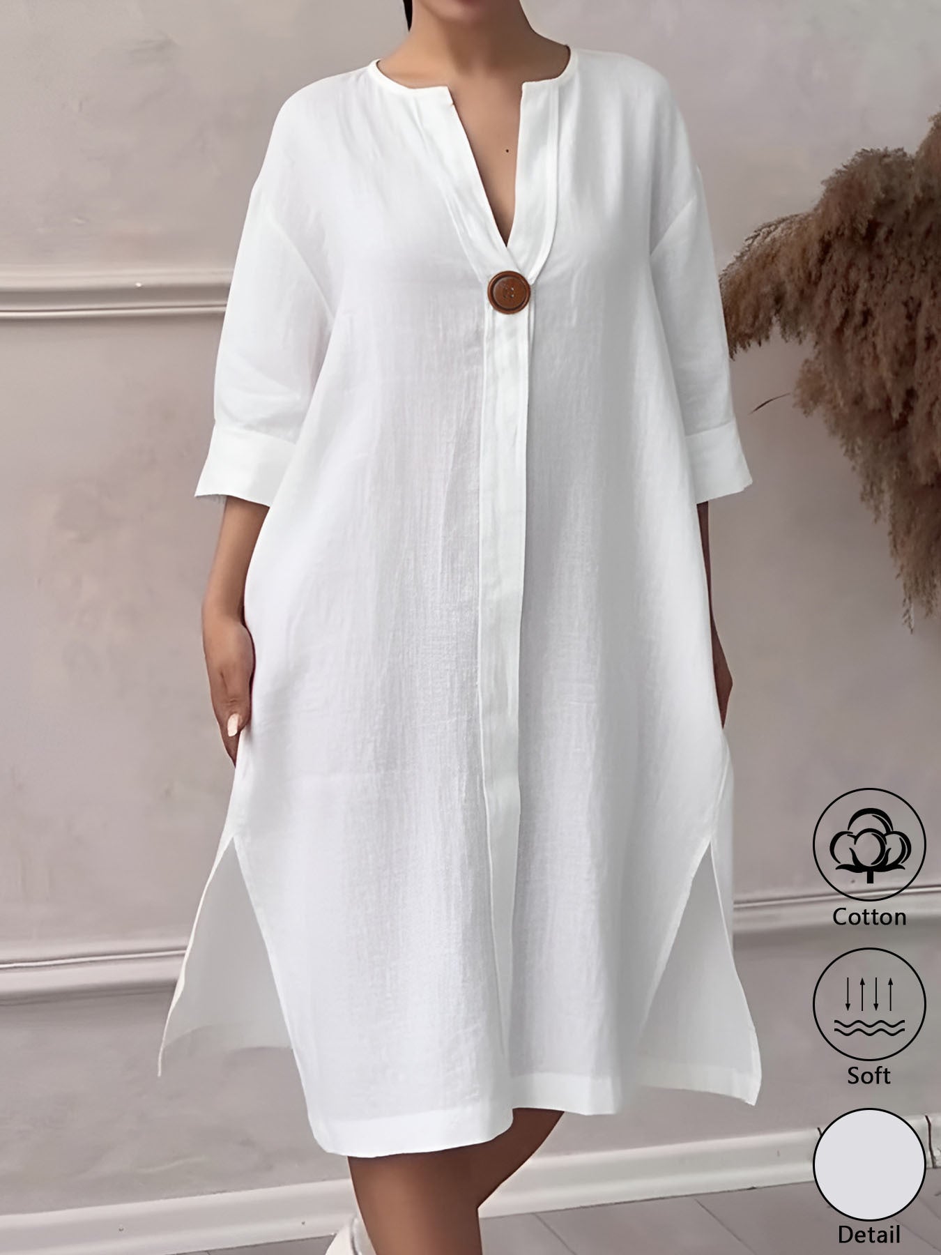 MANAIXUAN Vestido elegante para mujer 100% con cuello en V y botones al frente - Vestido midi de corte recto con mangas de tres cuartos, ajuste holgado y cuello con botones, adecuado para desplazamientos casuales, oficina y uso diario, vestido de color li