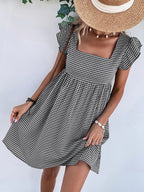 Vestido de Mujer, Vestido Corto con Cuello Cuadrado y Diseño de Cubierta a Cuadros para Vacaciones y Playa