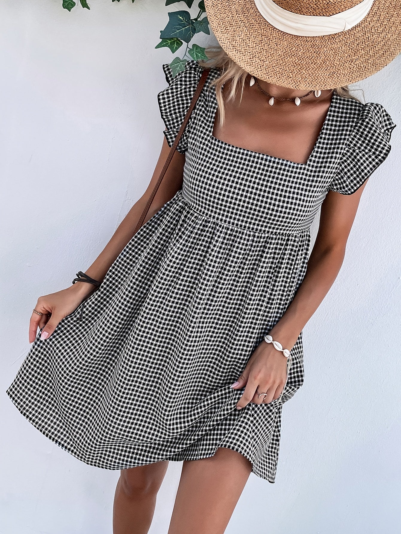 Vestido de Mujer, Vestido Corto con Cuello Cuadrado y Diseño de Cubierta a Cuadros para Vacaciones y Playa
