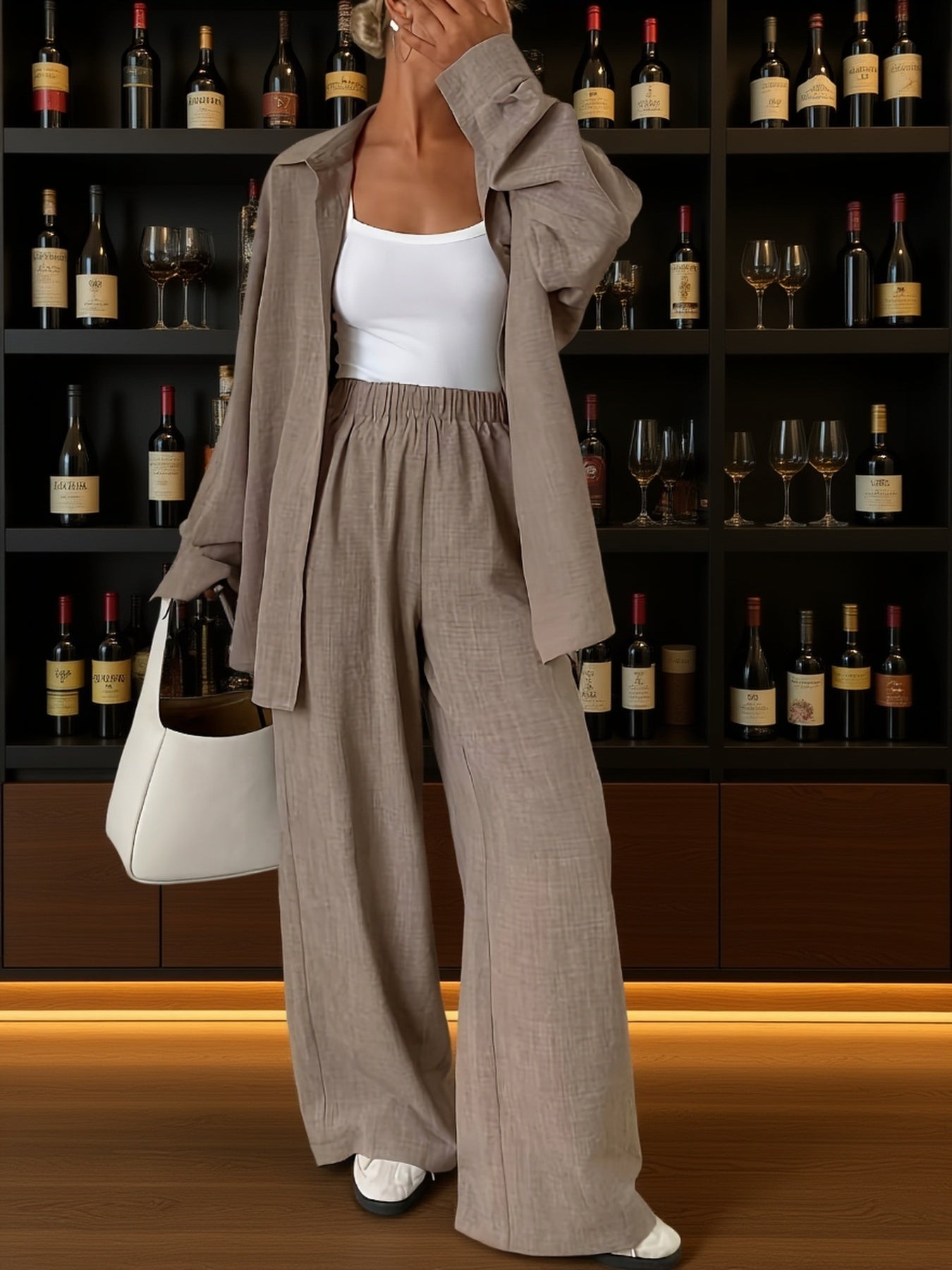Conjunto Mujer Camisa Oversize y Pantalón Palazzo Casual Elegante de Lino para Oficina, Viaje y Verano