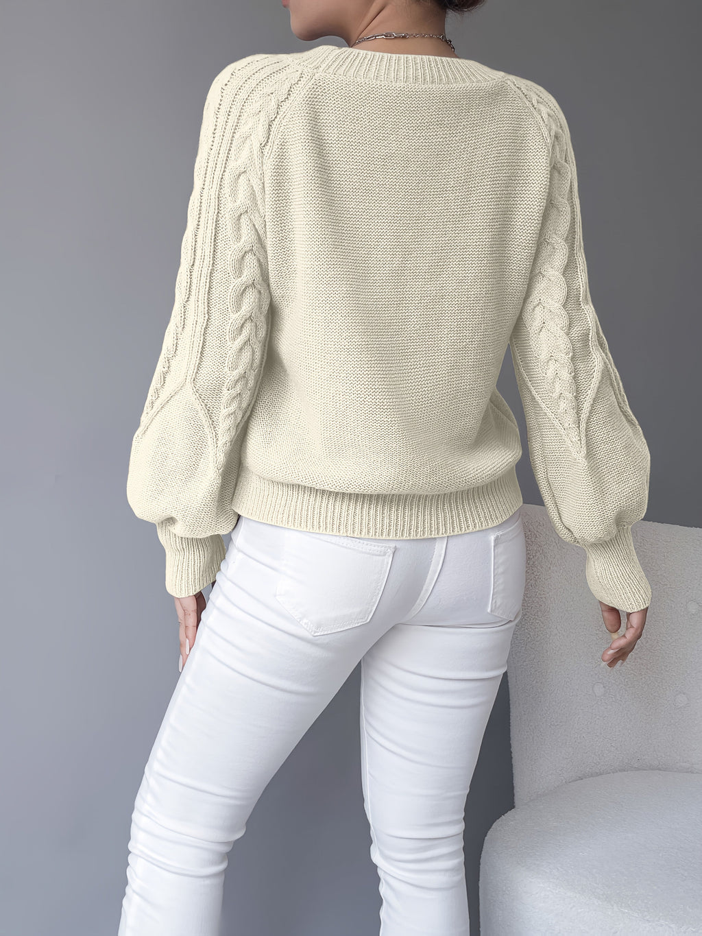 Women's Cable-Knit Cropped Jumper with Lantern Sleeves