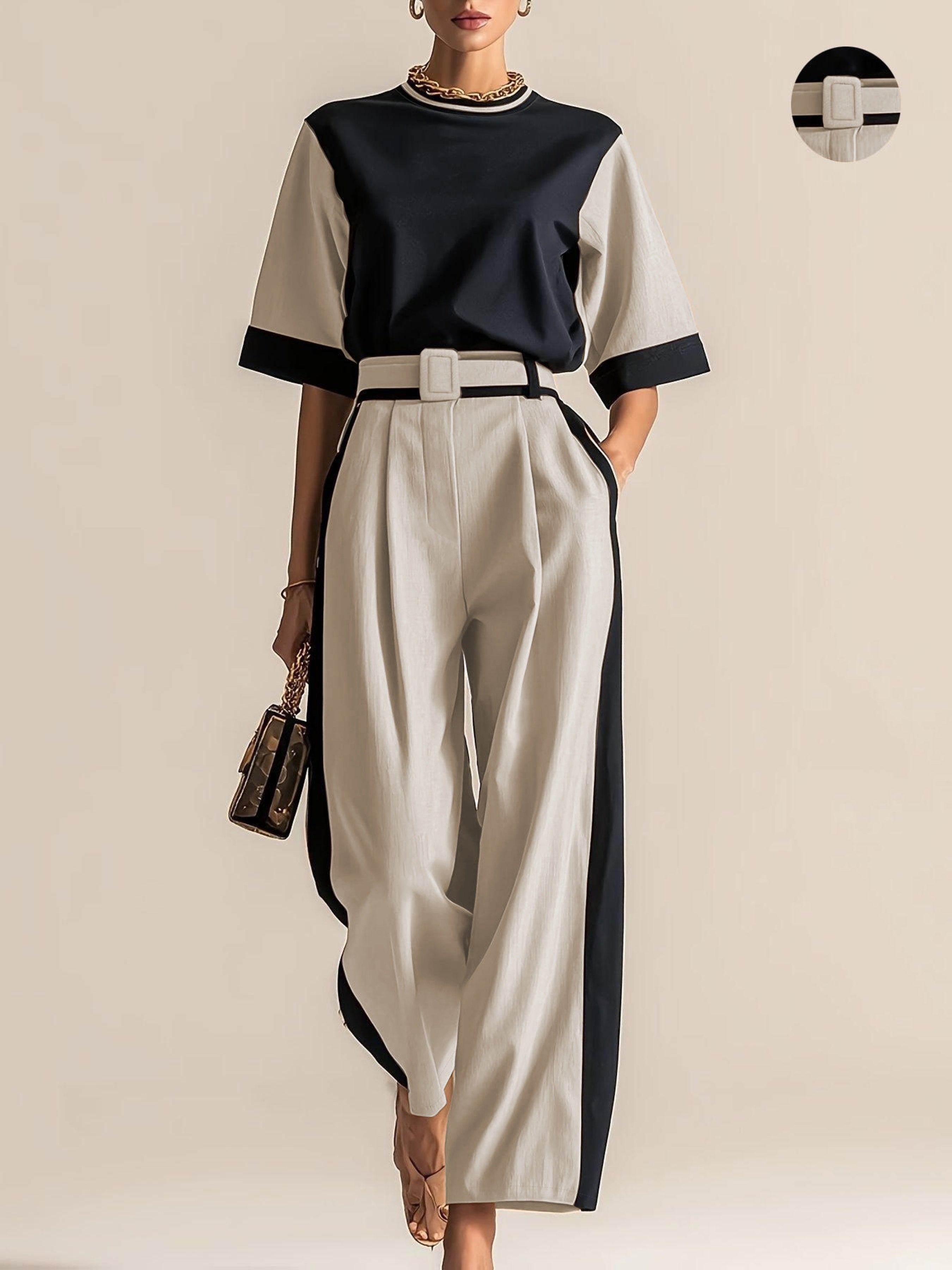Conjunto 3 Piezas Negro Camel Color Block Top Oversize Pantalón Palazzo con Cinturón Elegante Mujer