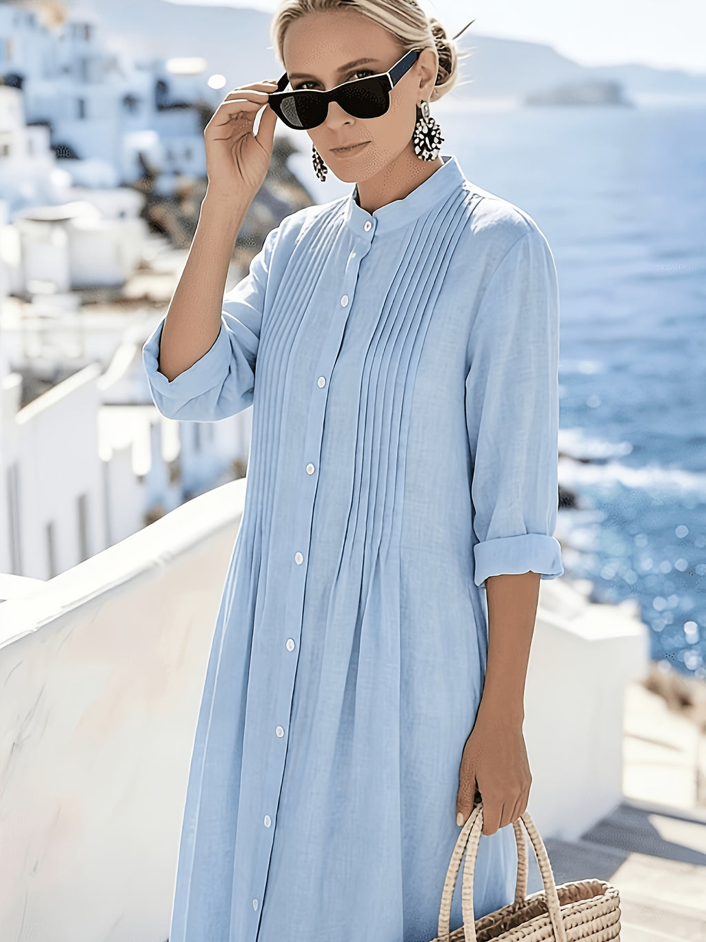 Vestido Maxi Azul Cielo Lino Cuello Mao Botones Frontales Plisado Casual Playa Vacaciones Mujer