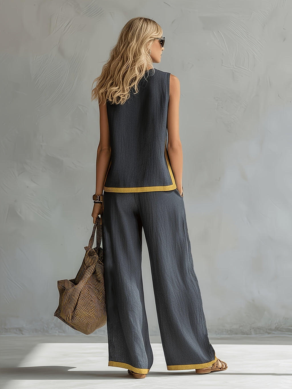 Conjunto Mujer con Pantalón Palazzo Contraste Amarillo Casual Elegante Verano